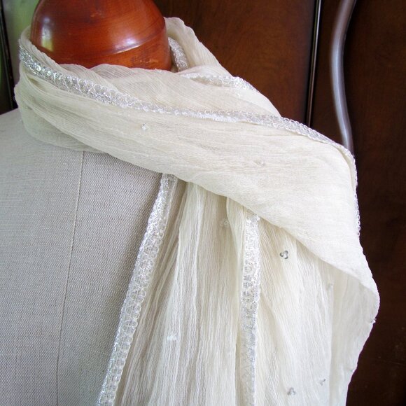 SHEER SCARF w GLITTER EDGES, 68" x 23" LONG RECTANGLE OFF-WHITE VINTAGE - Picture 3 of 6
